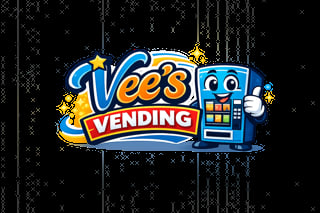 Vees Vending logo featuring a cheerful blue vending machine with yellow stars and sparkles on a black background