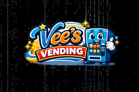 Vees Vending logo featuring a cheerful blue vending machine with yellow stars and sparkles on a black background